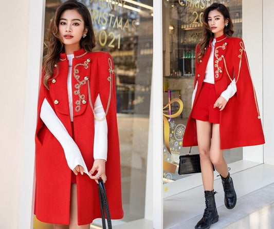 Red cape coat with golden decorations, designer woman long coat smart casual formal England style Christmas wedding prom birthday gift