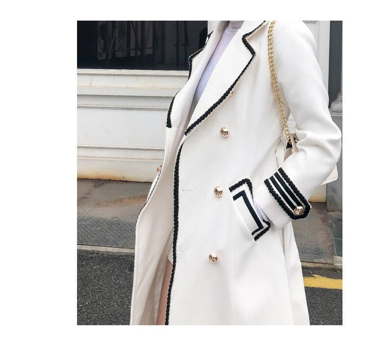 White/ black deluxe trench coat, designer woman long coat thick texture smart casual formal England style outdoors wedding prom gift