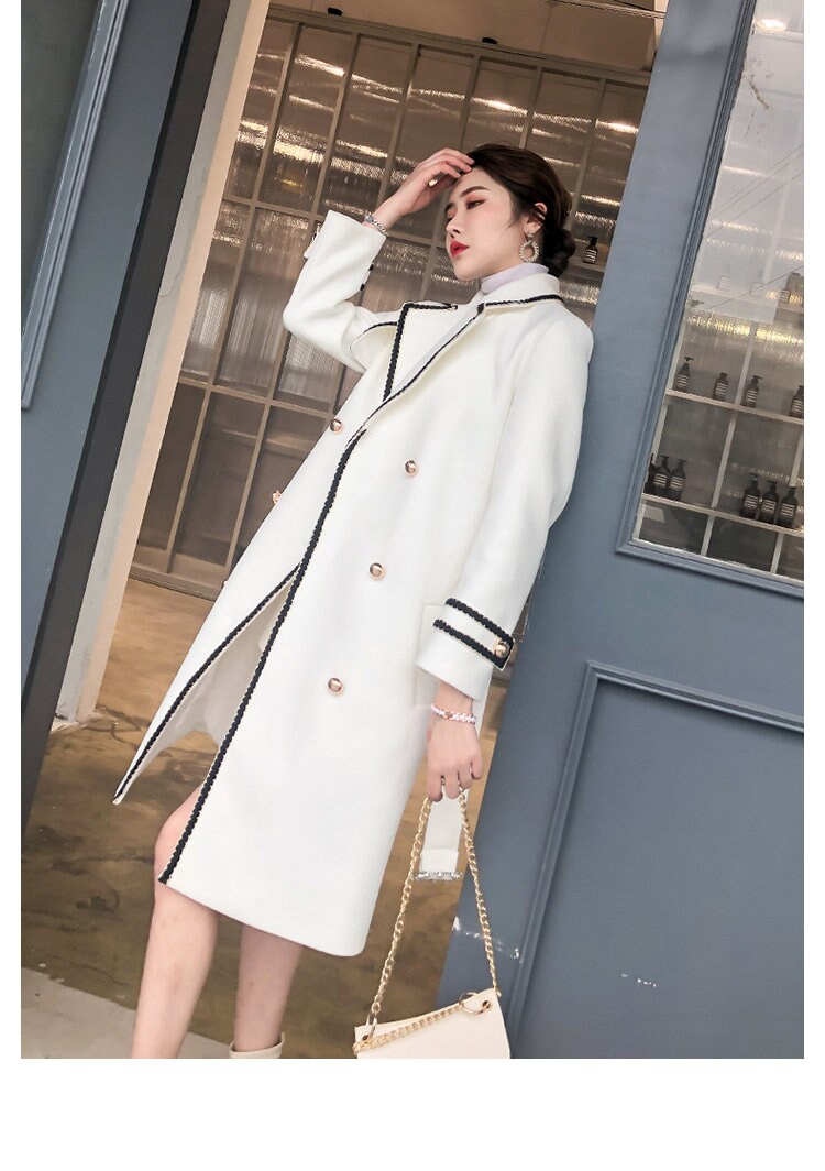 White/ black deluxe trench coat, designer woman long coat thick texture smart casual formal England style outdoors wedding prom gift