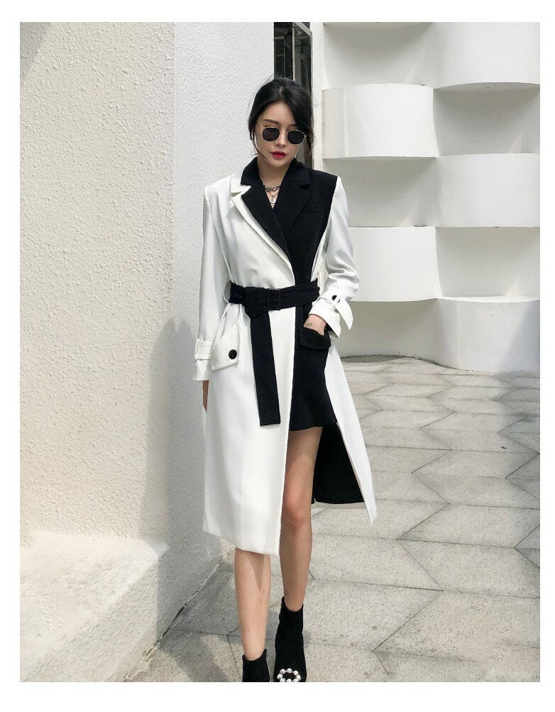 Black and white cruella trench coat, designer woman long coat smart casual formal England style office work wedding prom birthday gift