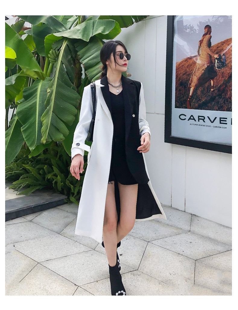 Black and white cruella trench coat, designer woman long coat smart casual formal England style office work wedding prom birthday gift