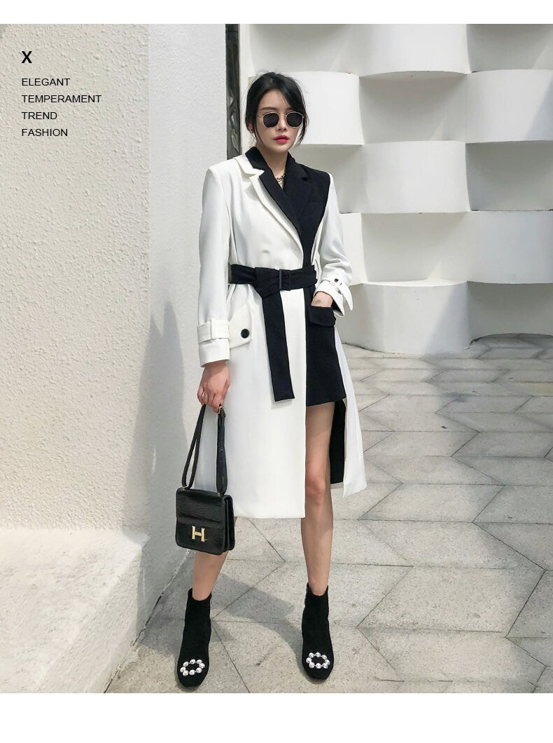 Black and white cruella trench coat, designer woman long coat smart casual formal England style office work wedding prom birthday gift