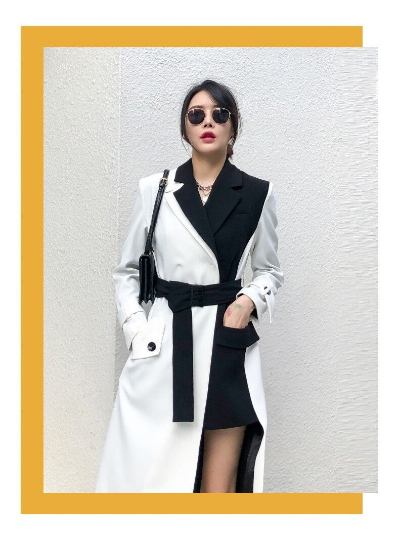 Black and white cruella trench coat, designer woman long coat smart casual formal England style office work wedding prom birthday gift