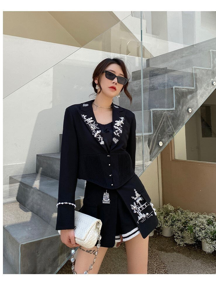 Black embroidery classic suit, designer woman suit jacket + shorts suit set, smart casual formal office work wedding prom birthday gift