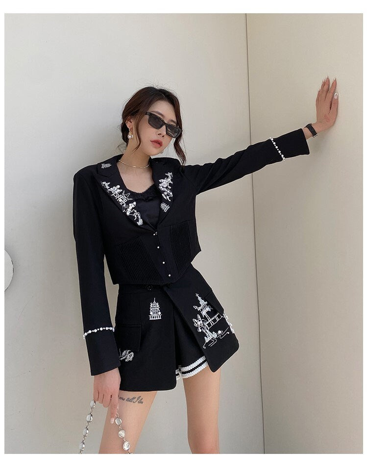 Black embroidery classic suit, designer woman suit jacket + shorts suit set, smart casual formal office work wedding prom birthday gift