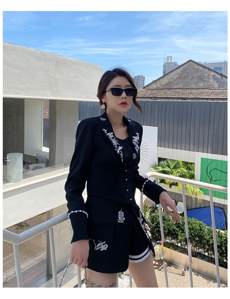 Black embroidery classic suit, designer woman suit jacket + shorts suit set, smart casual formal office work wedding prom birthday gift