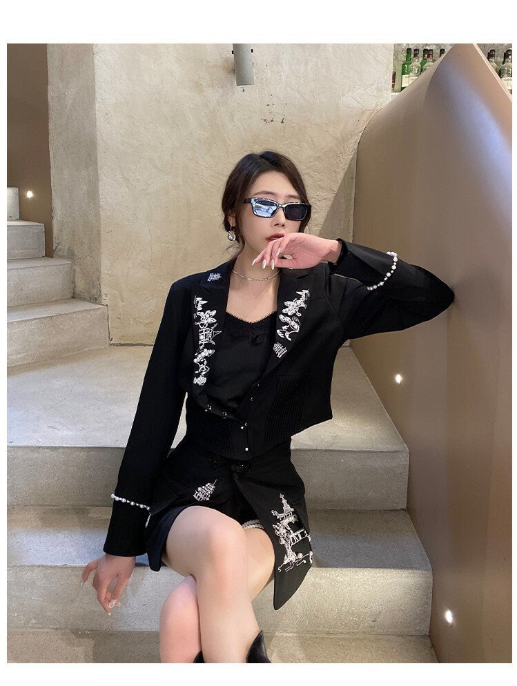 Black embroidery classic suit, designer woman suit jacket + shorts suit set, smart casual formal office work wedding prom birthday gift