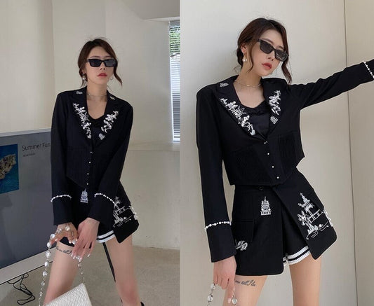 Black embroidery classic suit, designer woman suit jacket + shorts suit set, smart casual formal office work wedding prom birthday gift