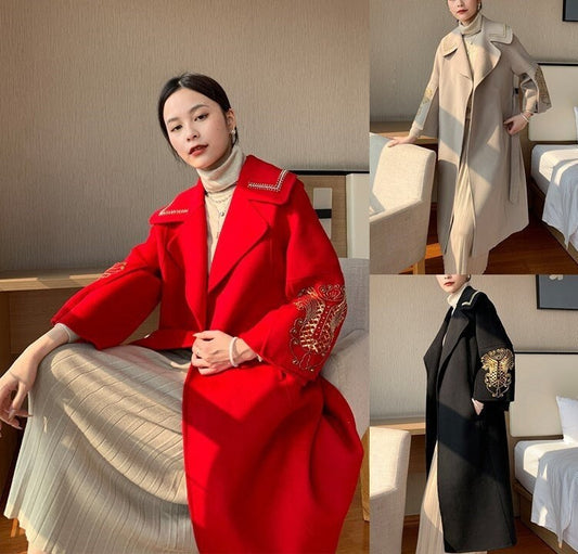 Red/ brown/ black wool trench coat, designer woman embroidery long coat smart casual formal office work wedding prom birthday gift