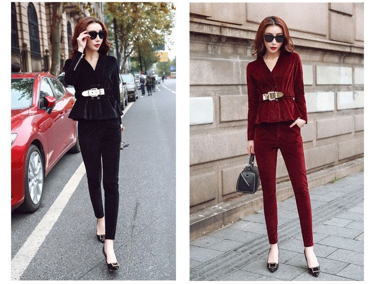 Dark Red/Black Velvet Slim cut Pantsuit, Big Belt Designer Women Suit Jacket + Pants, Smart Causal/ Formal/ Party Event/ Prom Wedding