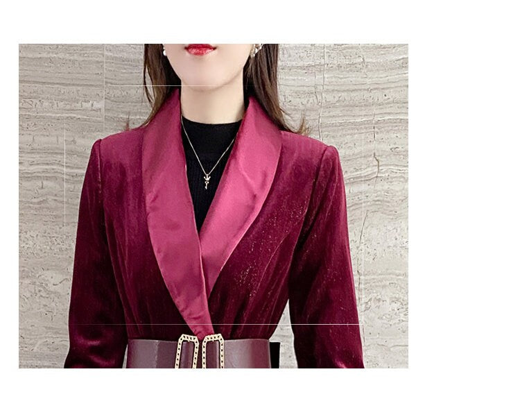 Red Golden Velvet Pantsuit, Designer Women long sleeves winter Suit Jacket + Ankle length Pants + Belt, Smart Causal/ Formal/ Party /Wedding