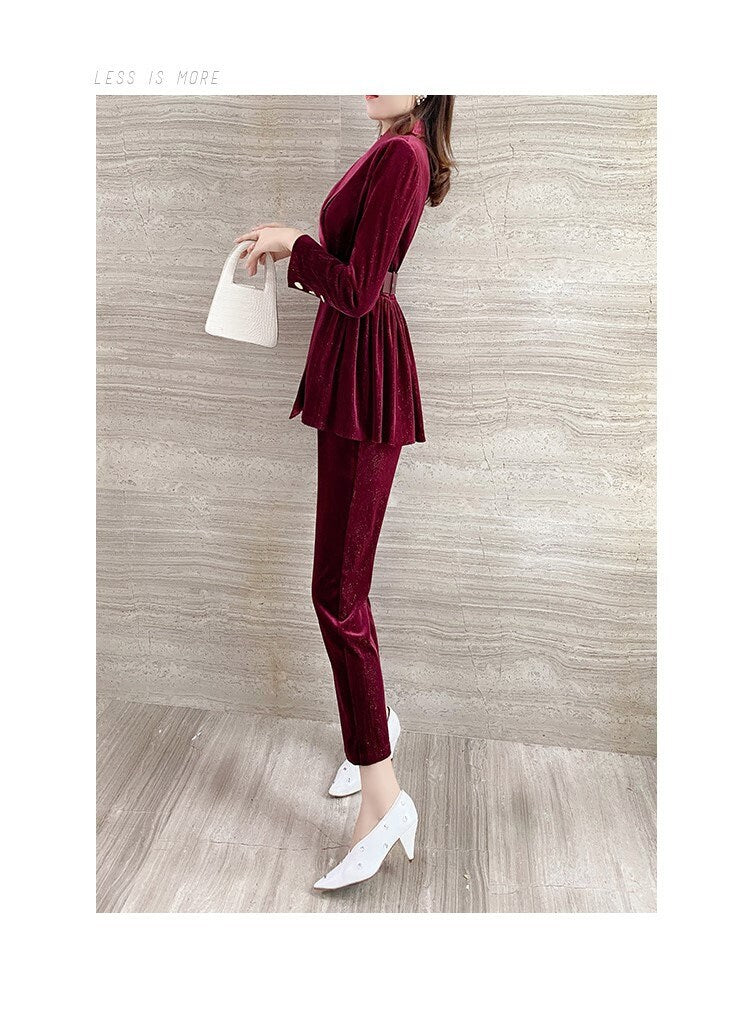 Red Golden Velvet Pantsuit, Designer Women long sleeves winter Suit Jacket + Ankle length Pants + Belt, Smart Causal/ Formal/ Party /Wedding