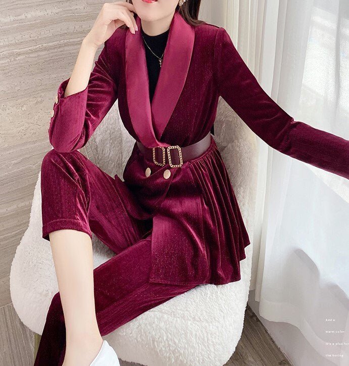 Red Golden Velvet Pantsuit, Designer Women long sleeves winter Suit Jacket + Ankle length Pants + Belt, Smart Causal/ Formal/ Party /Wedding