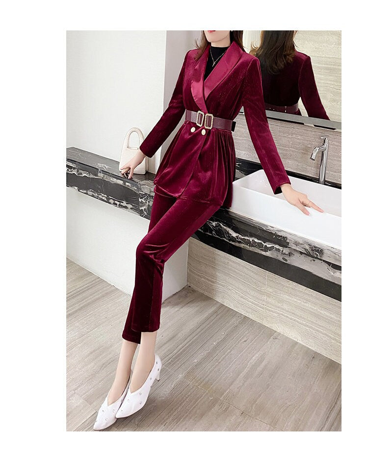 Red Golden Velvet Pantsuit, Designer Women long sleeves winter Suit Jacket + Ankle length Pants + Belt, Smart Causal/ Formal/ Party /Wedding