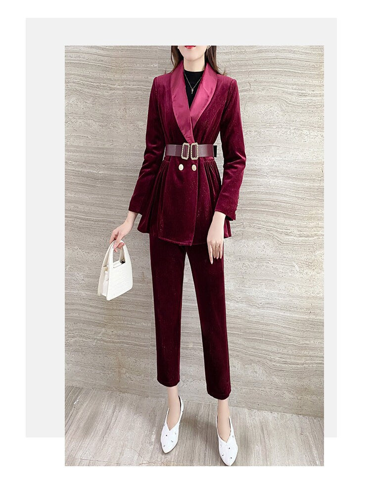 Red Golden Velvet Pantsuit, Designer Women long sleeves winter Suit Jacket + Ankle length Pants + Belt, Smart Causal/ Formal/ Party /Wedding