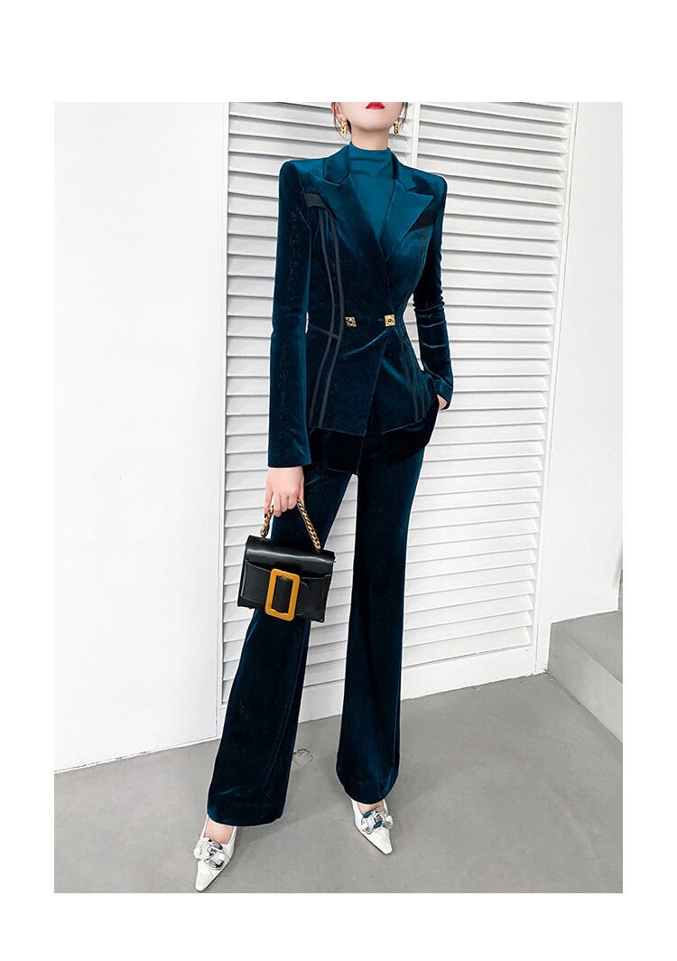 Blue Golden Velvet Pantsuit, Designer Women long sleeves winter Suit Jacket + Pants, Smart Causal/ Formal/ Party Event/ Prom Wedding/Gift