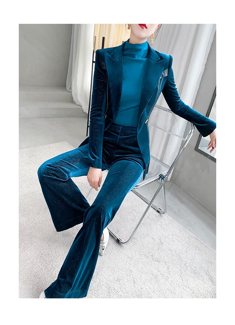 Blue Golden Velvet Pantsuit, Designer Women long sleeves winter Suit Jacket + Pants, Smart Causal/ Formal/ Party Event/ Prom Wedding/Gift