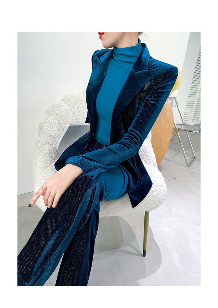 Blue Golden Velvet Pantsuit, Designer Women long sleeves winter Suit Jacket + Pants, Smart Causal/ Formal/ Party Event/ Prom Wedding/Gift