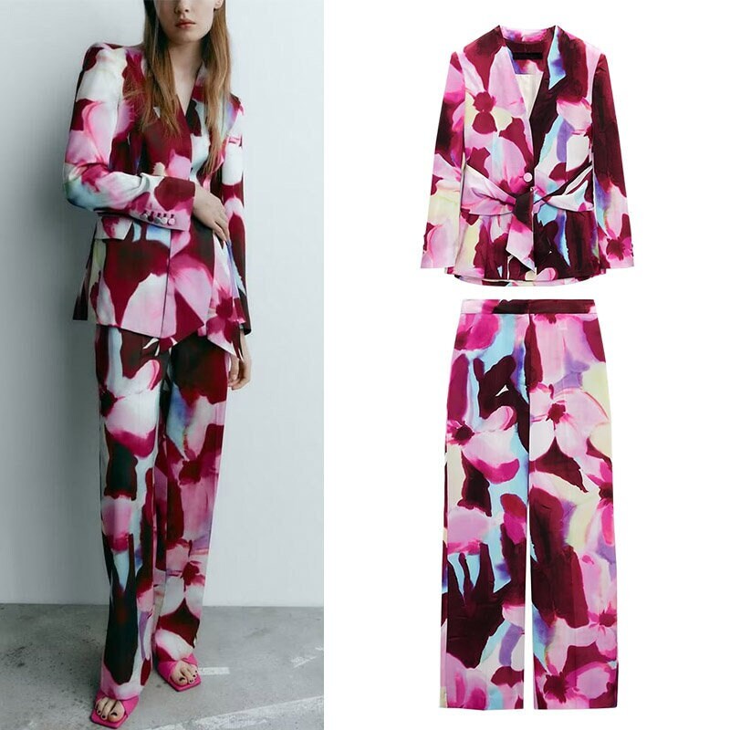 Floral pattern pantsuit, watercolor graphics designer woman suit jacket + pants smart casual formal office work wedding prom birthday gift