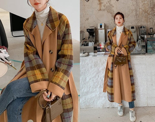 Patchwork Wool Trench Coat, Designer Woman checkered Raincoat for Smart Casual/ Formal/Outdoors/ Gift for her