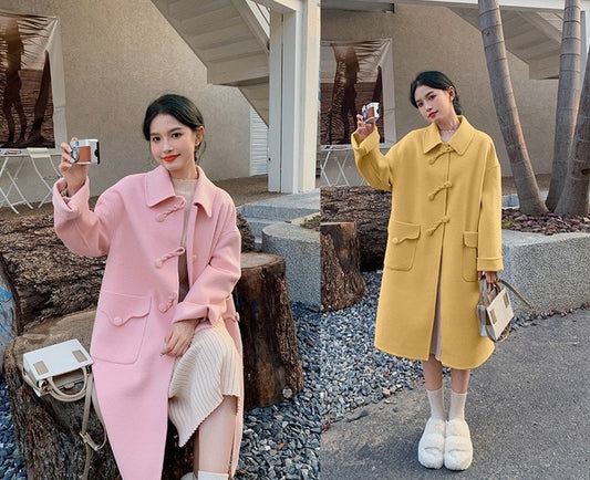 Pink/ Yellow Wool Trench Coat, Designer Woman Pure colored Minimalist styled Raincoat for Smart Casual/ Formal/Outdoors/ Gift for her