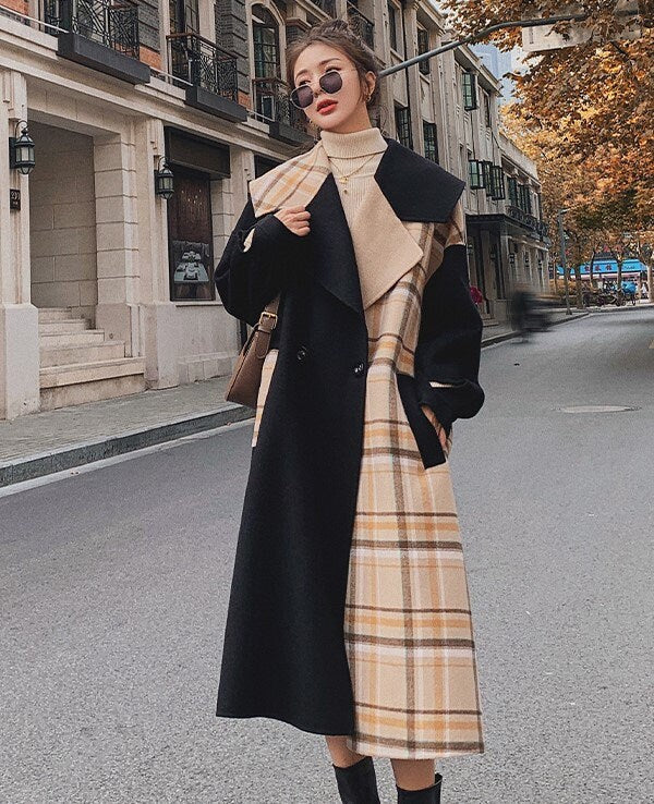 Black Patchwork Trench Coat, Designer Woman classic Winter Falls Wool Raincoat for Smart Casual/ Formal/Outdoors/ Gift for her