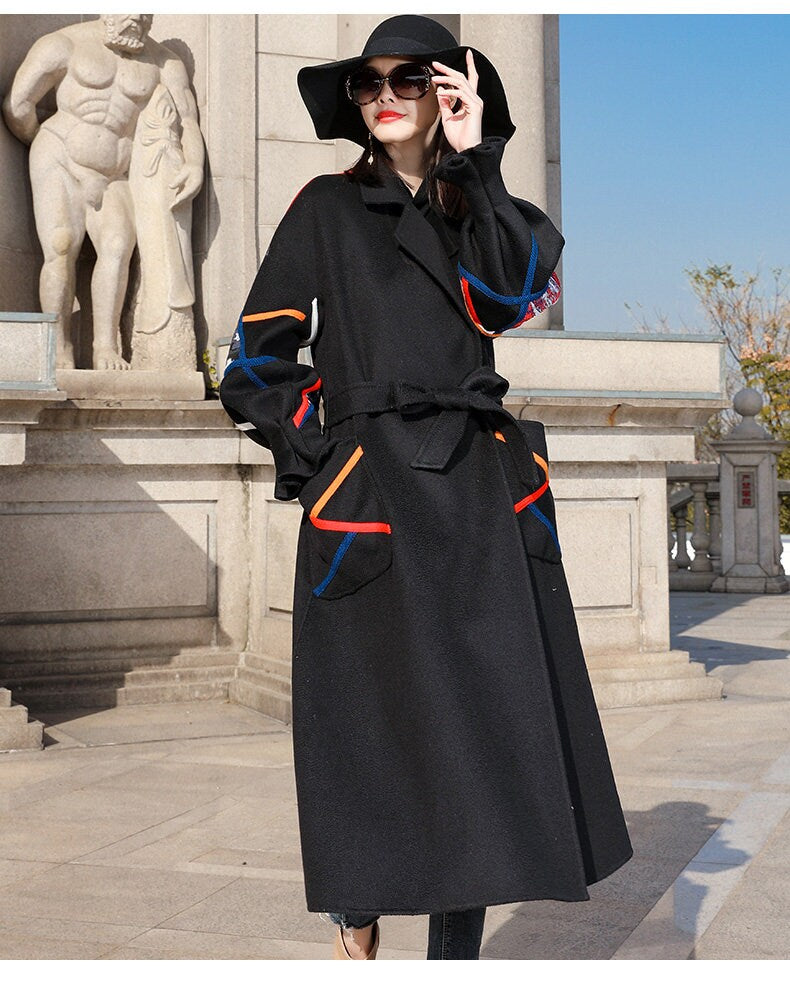 Black Slim cut Trench Coat, Designer Woman Creative Winter Falls Raincoat for Smart Casual/ Formal/Outdoors/ Gift for her