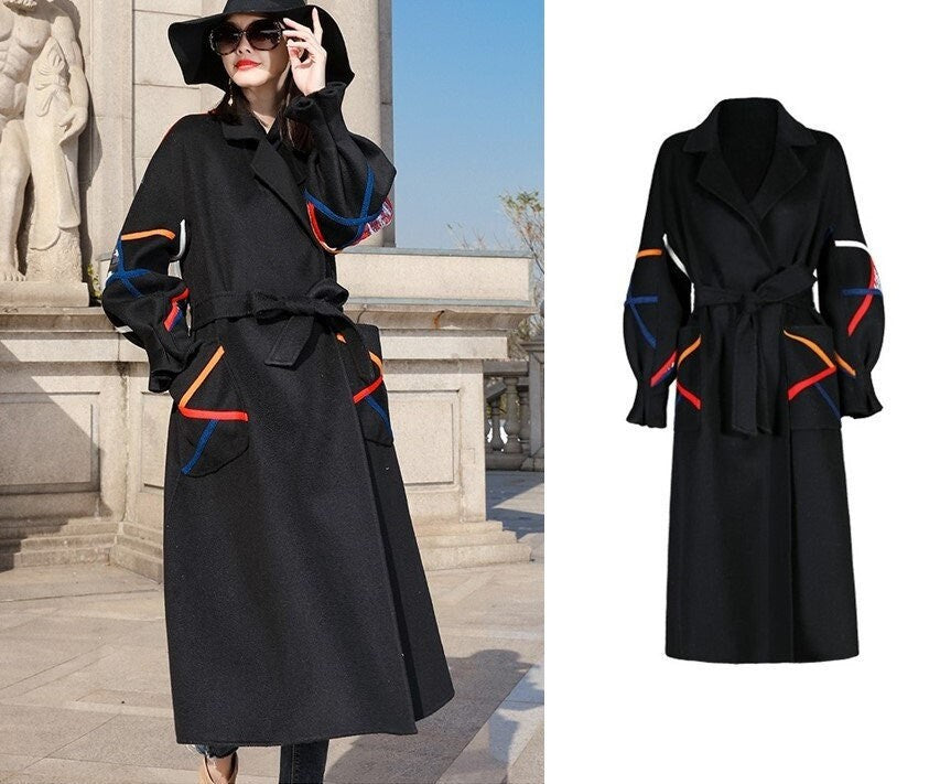 Black Slim cut Trench Coat, Designer Woman Creative Winter Falls Raincoat for Smart Casual/ Formal/Outdoors/ Gift for her