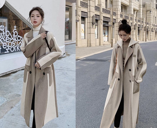 Detachable hood Beige Trench Coat, Designer Woman Winter Falls Raincoat for Smart Casual/ Formal/Outdoors/ Gift for her