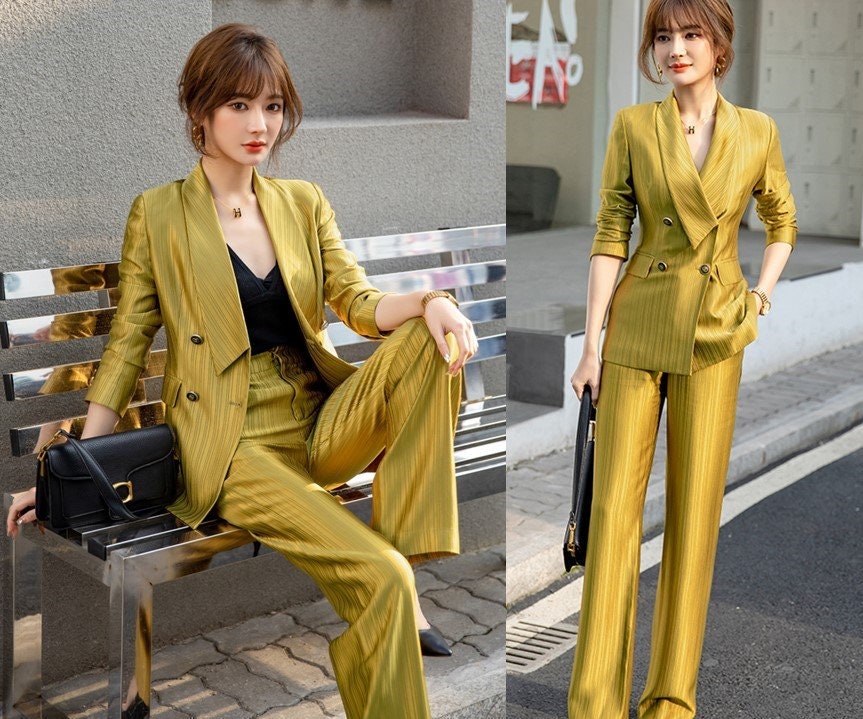 Golden acetate slim cut pantsuit, designer woman gold suit jacket + pants, Smart Causal/ Formal/ Party Event/ Prom Wedding/Gift