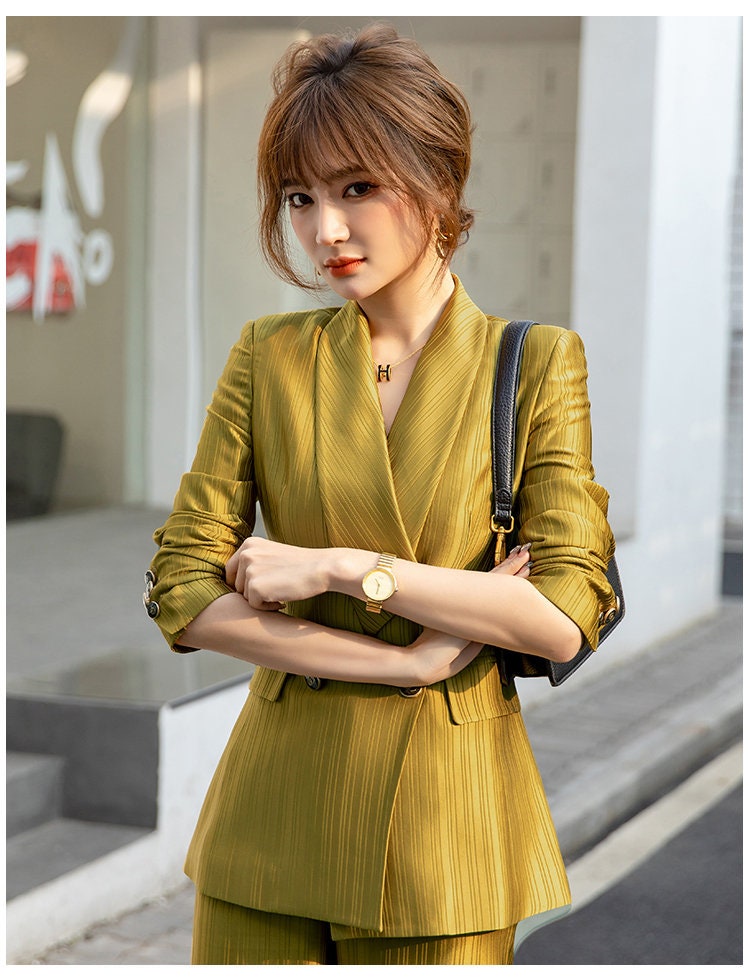 Golden acetate slim cut pantsuit, designer woman gold suit jacket + pants, Smart Causal/ Formal/ Party Event/ Prom Wedding/Gift