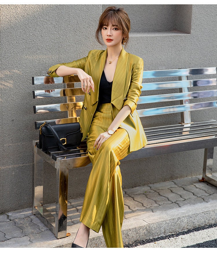 Golden acetate slim cut pantsuit, designer woman gold suit jacket + pants, Smart Causal/ Formal/ Party Event/ Prom Wedding/Gift