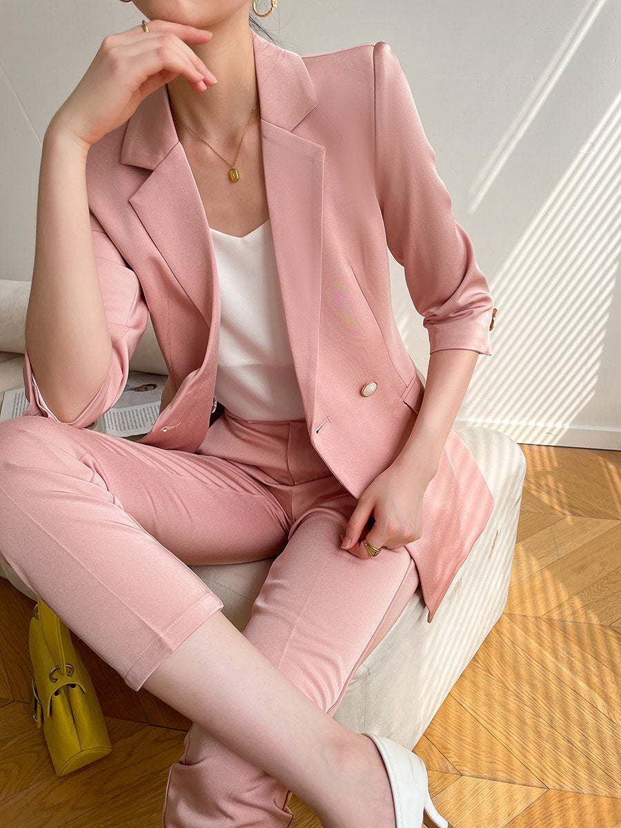 Pink Acetate Pantsuit, Designer Women Suit Jacket + Pants, Smart Causal/ Formal/ Party Event/ Prom Wedding/ Gift