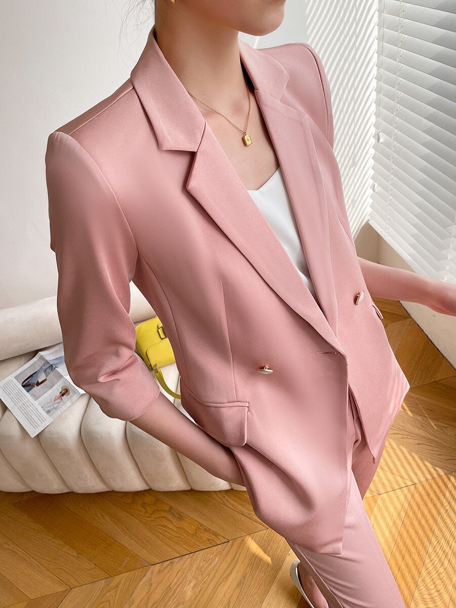 Pink Acetate Pantsuit, Designer Women Suit Jacket + Pants, Smart Causal/ Formal/ Party Event/ Prom Wedding/ Gift