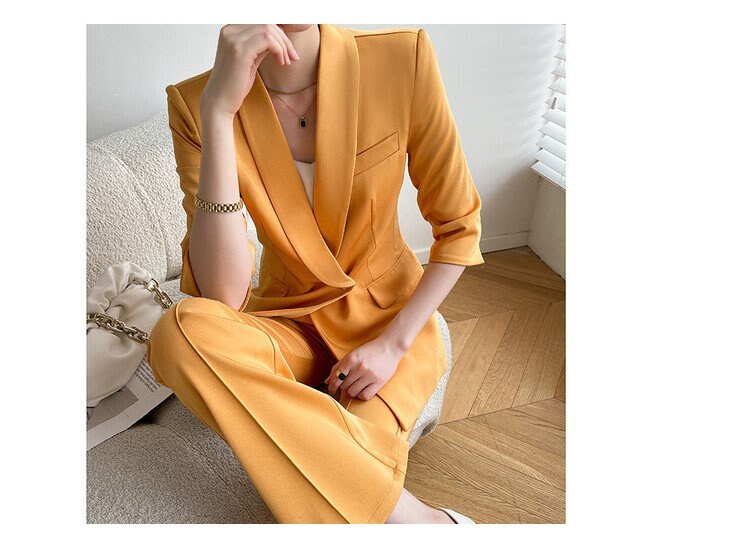 Orange yellow Acetate Pantsuit, Designer Women half sleeves Suit Jacket + Pants, Smart Causal/ Formal/ Party Event/ Prom Wedding/ Gift