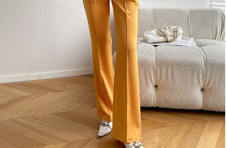 Orange yellow Acetate Pantsuit, Designer Women half sleeves Suit Jacket + Pants, Smart Causal/ Formal/ Party Event/ Prom Wedding/ Gift