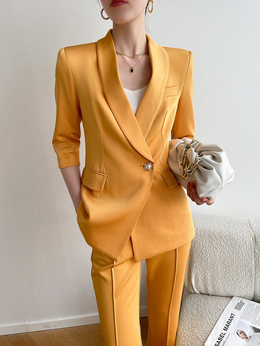 Orange yellow Acetate Pantsuit, Designer Women half sleeves Suit Jacket + Pants, Smart Causal/ Formal/ Party Event/ Prom Wedding/ Gift