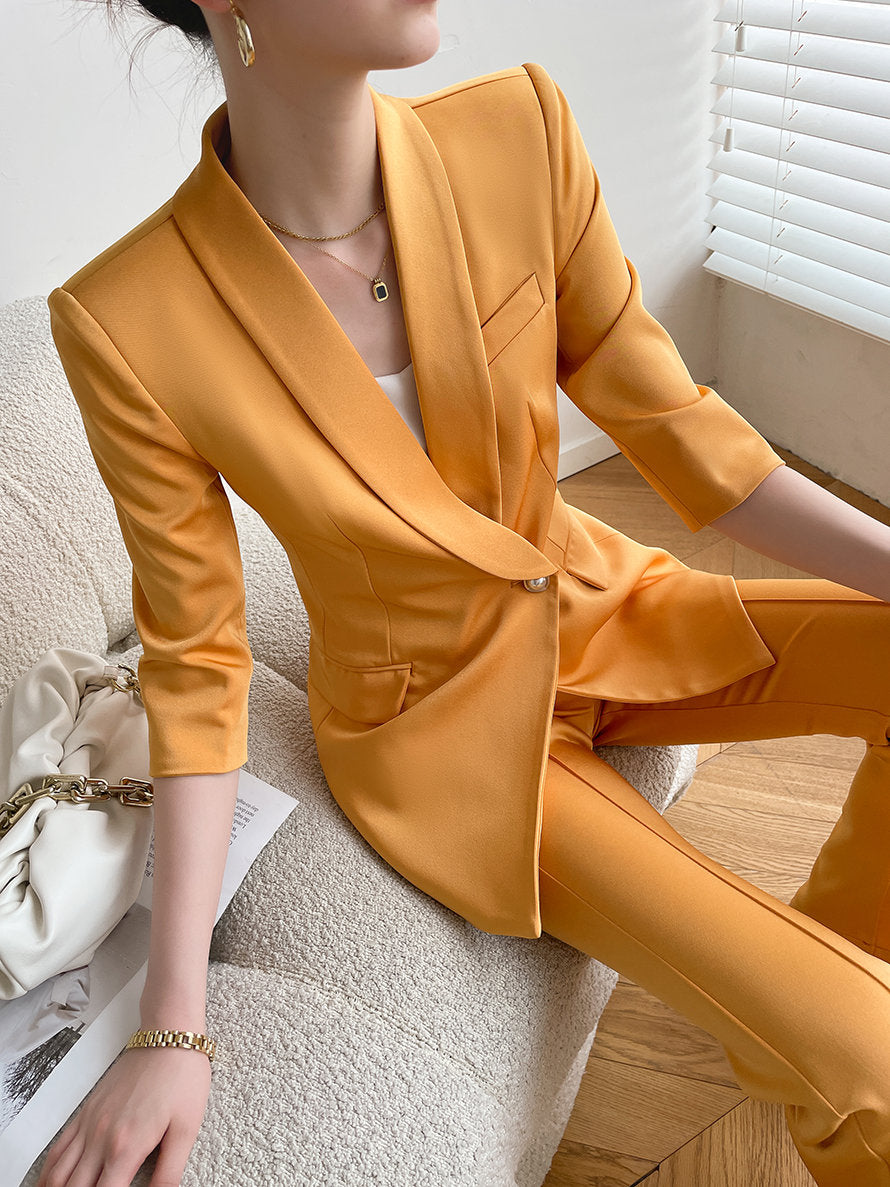 Orange yellow Acetate Pantsuit, Designer Women half sleeves Suit Jacket + Pants, Smart Causal/ Formal/ Party Event/ Prom Wedding/ Gift