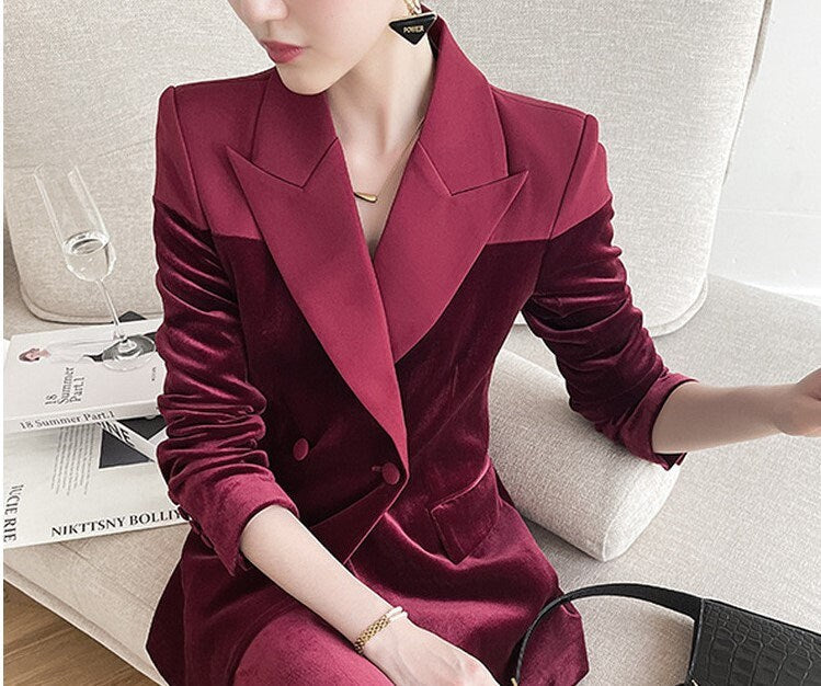 Dark Red Velvet Pantsuit, Designer Women long sleeves winter Suit Jacket + Pants, Smart Causal/ Formal/ Party Event/ Prom Wedding/Gift