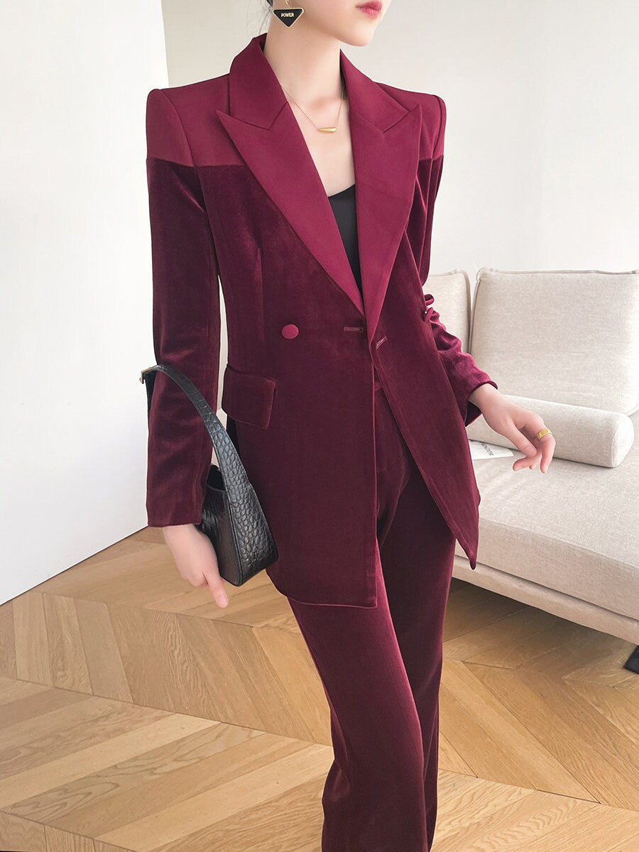 Dark Red Velvet Pantsuit, Designer Women long sleeves winter Suit Jacket + Pants, Smart Causal/ Formal/ Party Event/ Prom Wedding/Gift