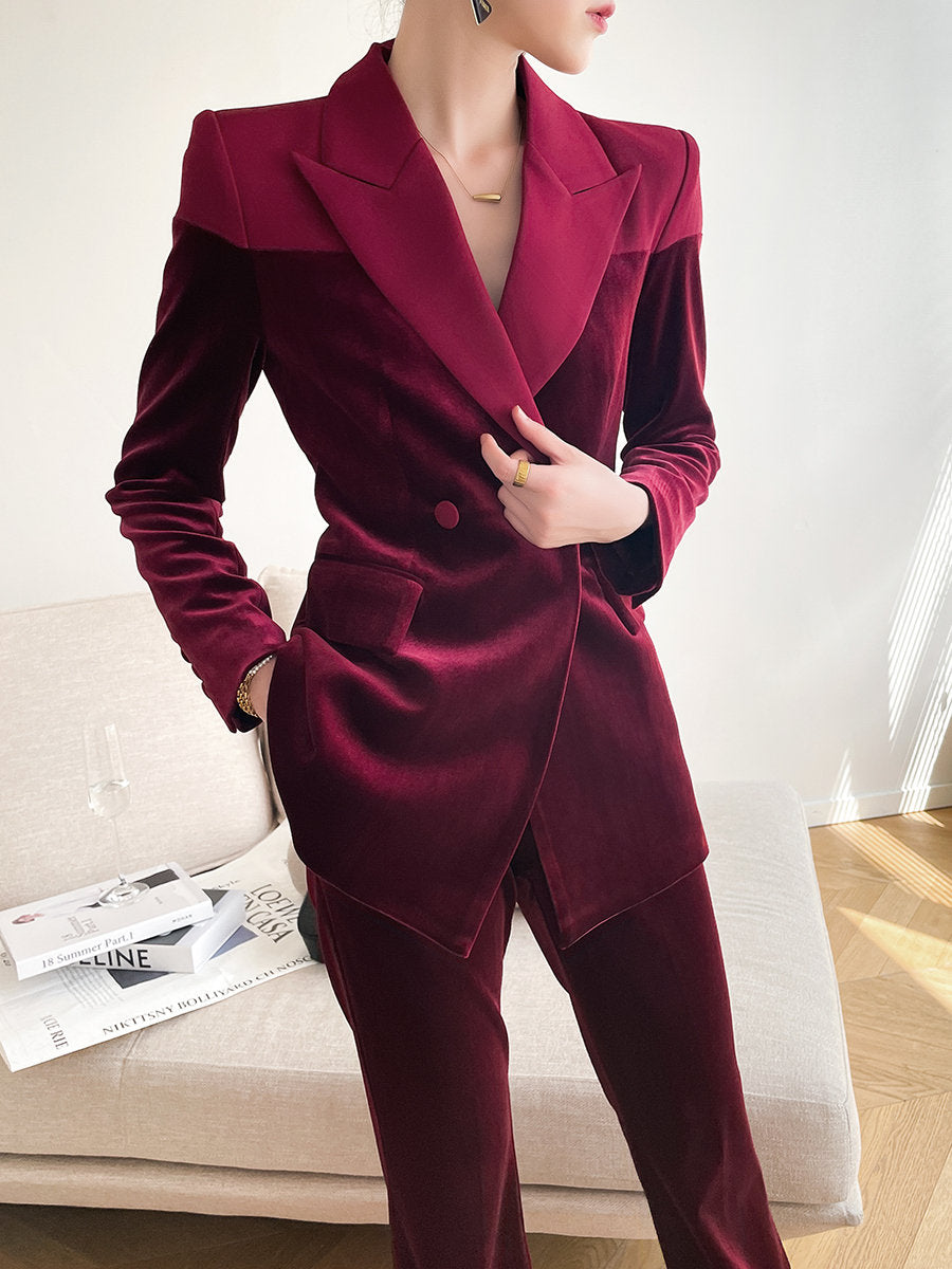 Dark Red Velvet Pantsuit, Designer Women long sleeves winter Suit Jacket + Pants, Smart Causal/ Formal/ Party Event/ Prom Wedding/Gift