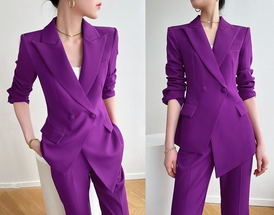 Purple Trendy Pantsuit, Designer Women sleeved winter falls Suit Jacket + Pants, Smart Causal/ Formal/ Party Event/ Prom Wedding/Gift