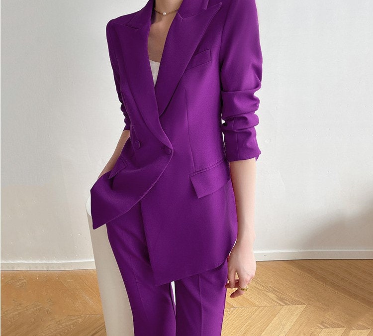 Purple Trendy Pantsuit, Designer Women sleeved winter falls Suit Jacket + Pants, Smart Causal/ Formal/ Party Event/ Prom Wedding/Gift