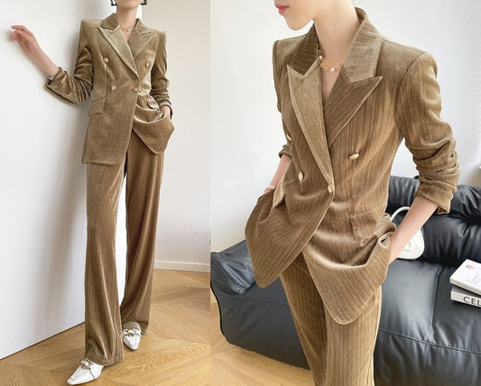 Khaki Velvet Pantsuit, Designer Women sleeved winter double breasted Suit Jacket + Pants, Smart Causal/ Formal/ Party Event/ Prom Wedding