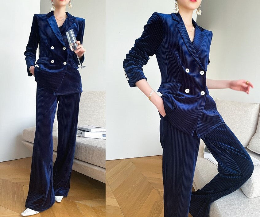 Dark Blue Velvet Pantsuit, Designer Women double breasted winter Suit Jacket + Pants, Smart Causal/ Formal/ Party Event/ Prom Wedding/Gift