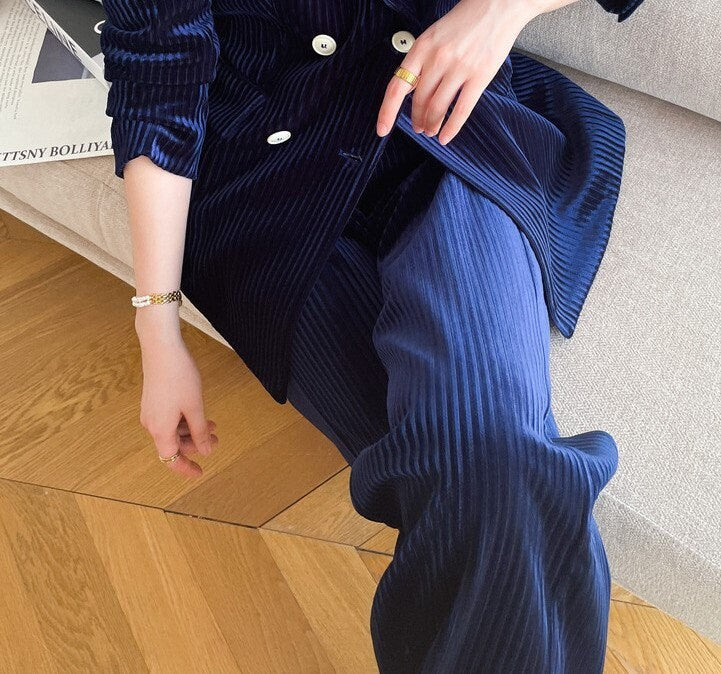 Dark Blue Velvet Pantsuit, Designer Women double breasted winter Suit Jacket + Pants, Smart Causal/ Formal/ Party Event/ Prom Wedding/Gift