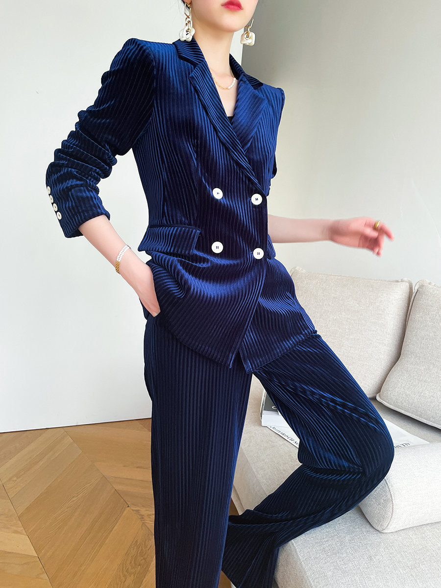 Dark Blue Velvet Pantsuit, Designer Women double breasted winter Suit Jacket + Pants, Smart Causal/ Formal/ Party Event/ Prom Wedding/Gift