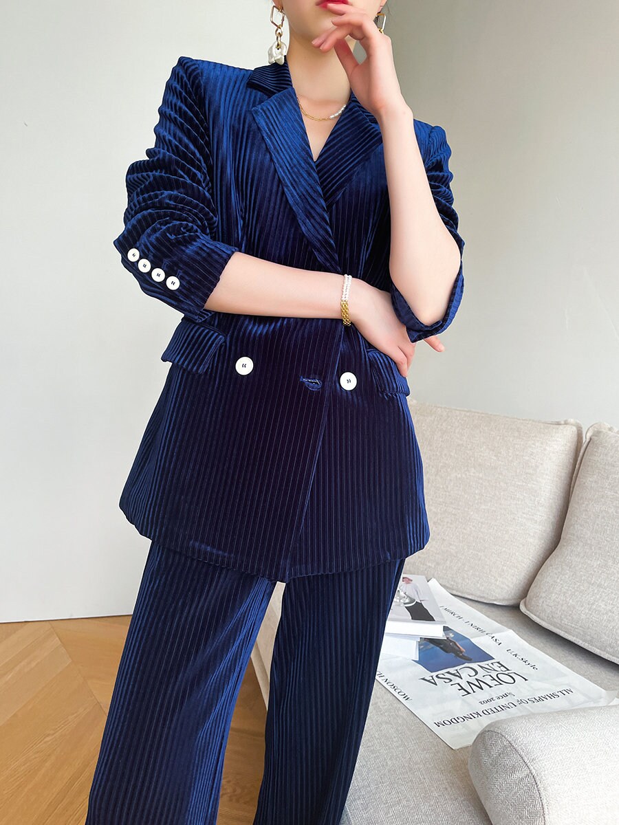 Dark Blue Velvet Pantsuit, Designer Women double breasted winter Suit Jacket + Pants, Smart Causal/ Formal/ Party Event/ Prom Wedding/Gift