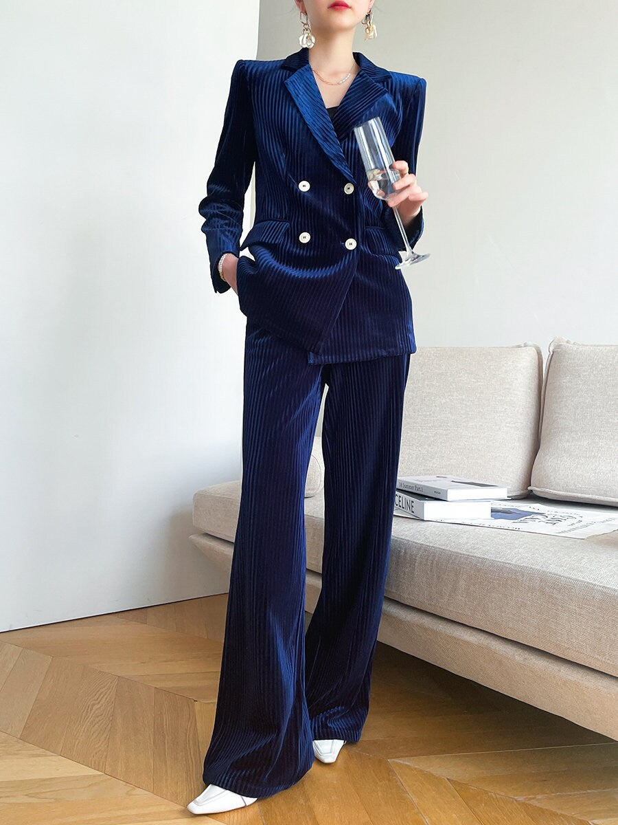 Dark Blue Velvet Pantsuit, Designer Women double breasted winter Suit Jacket + Pants, Smart Causal/ Formal/ Party Event/ Prom Wedding/Gift