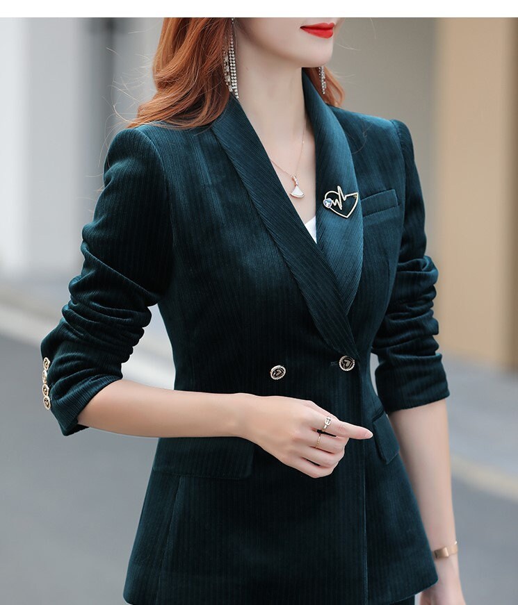 Green high class slim cut pantsuit, designer woman velvet suit jacket/ blazer + pants, Smart Causal/ Formal/ Party Event/ Prom Wedding/Gift